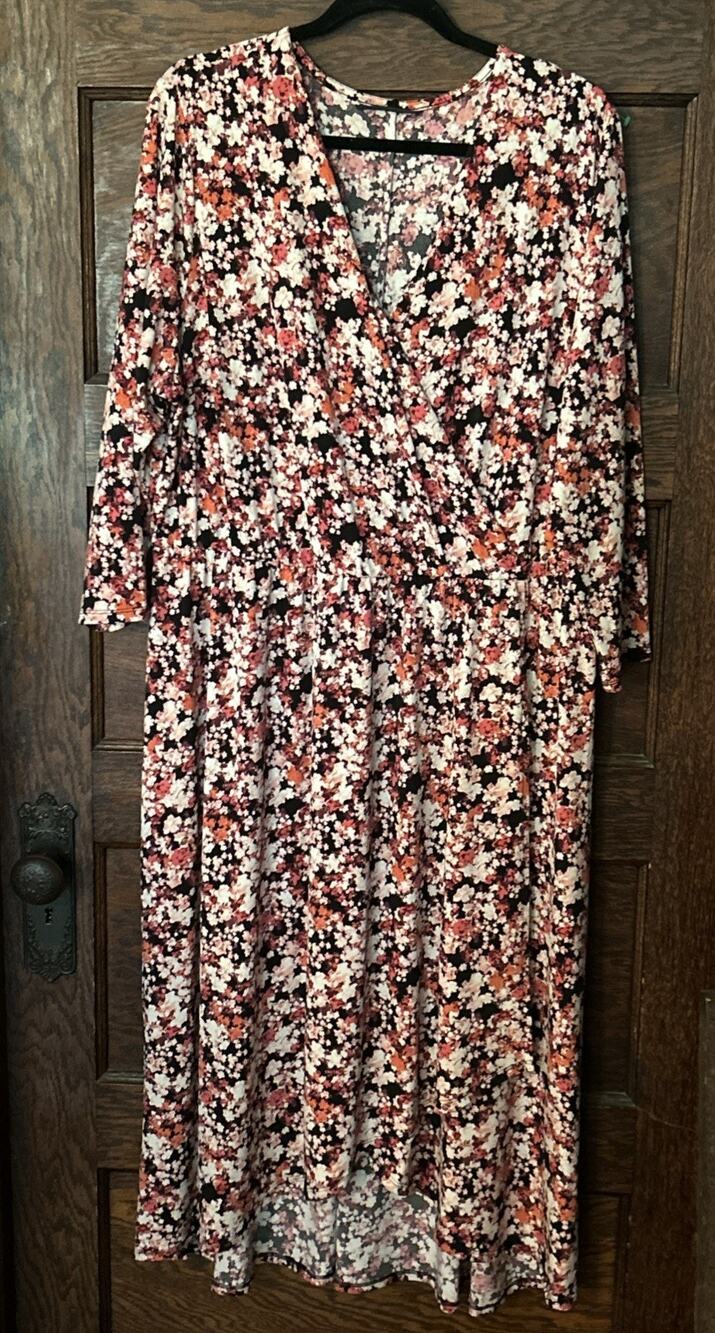 Lane Bryant Pink Black Dark Floral Faux Wrap Dress Sz 22 24